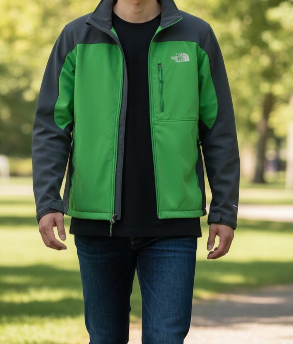 The North Face Men's Large Softshell Jacket Green Black Zip Up Polyester